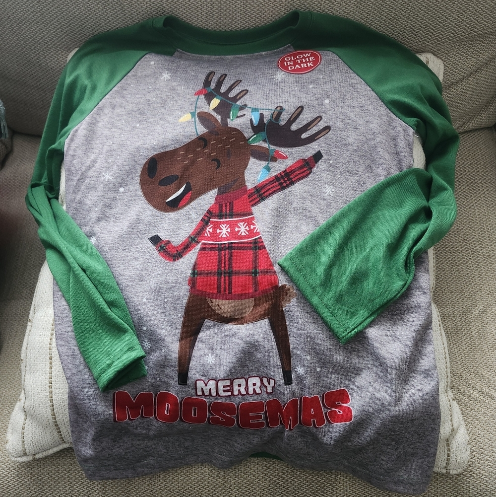 Glow in the Dark Kids Merry Moosemas Shirt - Green and Gray Pajama Top